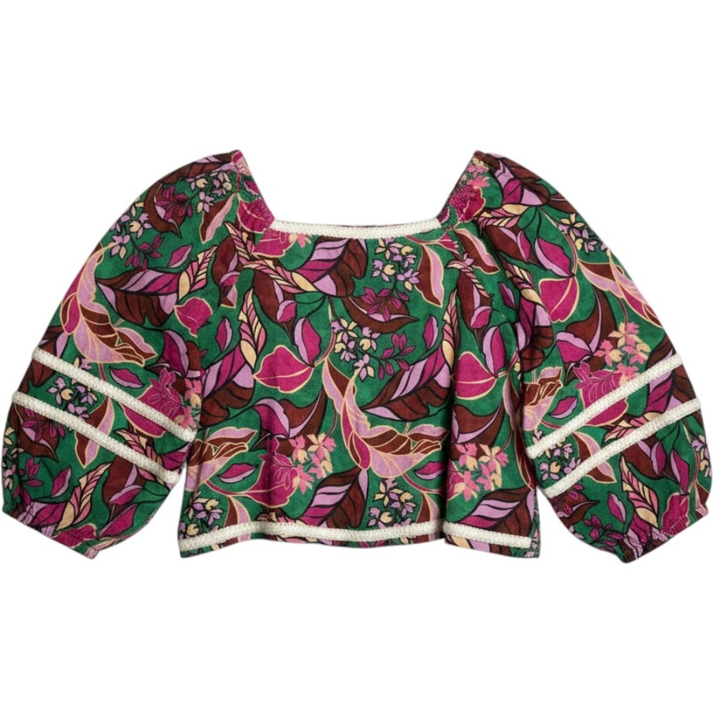Cynthia Rowley Bohemian Floral 100% Linen Puff Sleeve Cottagecore‎ Crop Top XL